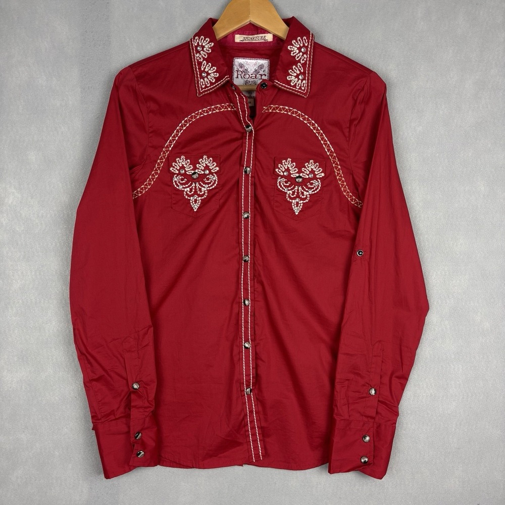 Roar Pearl Snap Shirt Womens Medium Red Embellished Western Rodeo Cowgirl